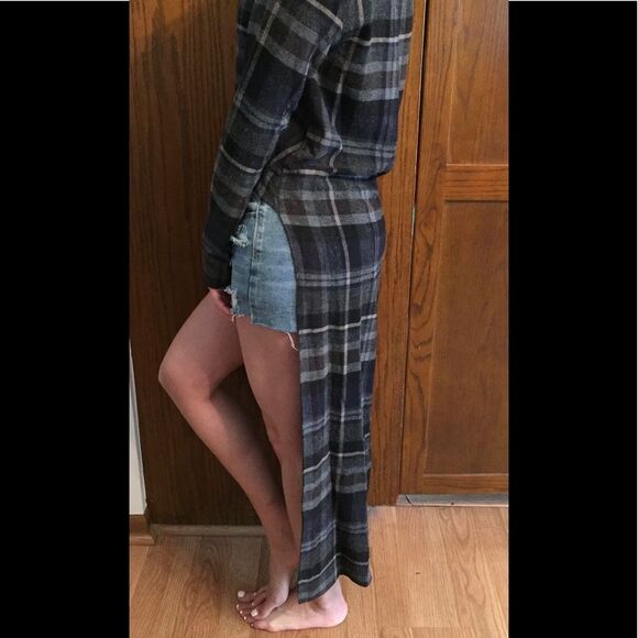 Zara dark blue/green/grey high/low long sleeved dress, checkered, size Small - Picture 1 of 7